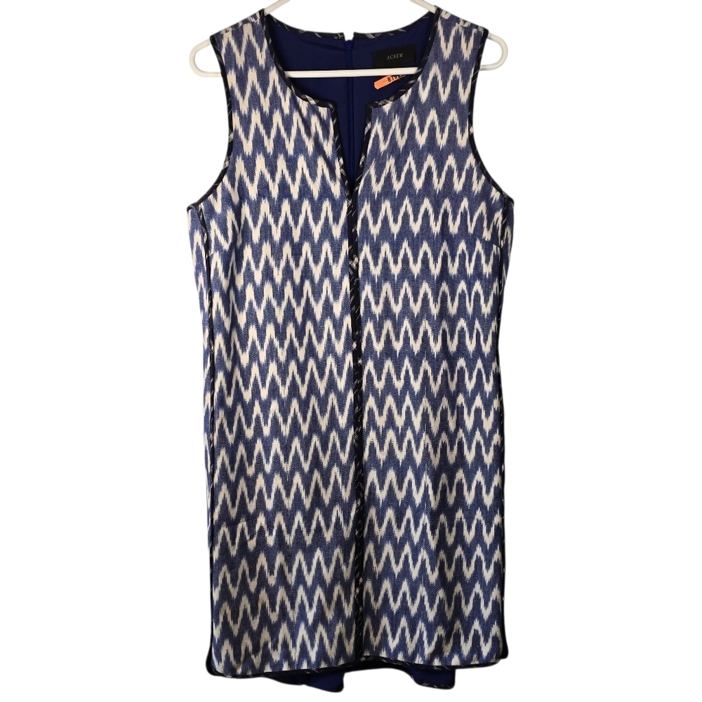 J. Crew Women's Sleeveless Shift Dress  Blue And White Ikat V-Neckline Size 10 - Picture 2 of 15